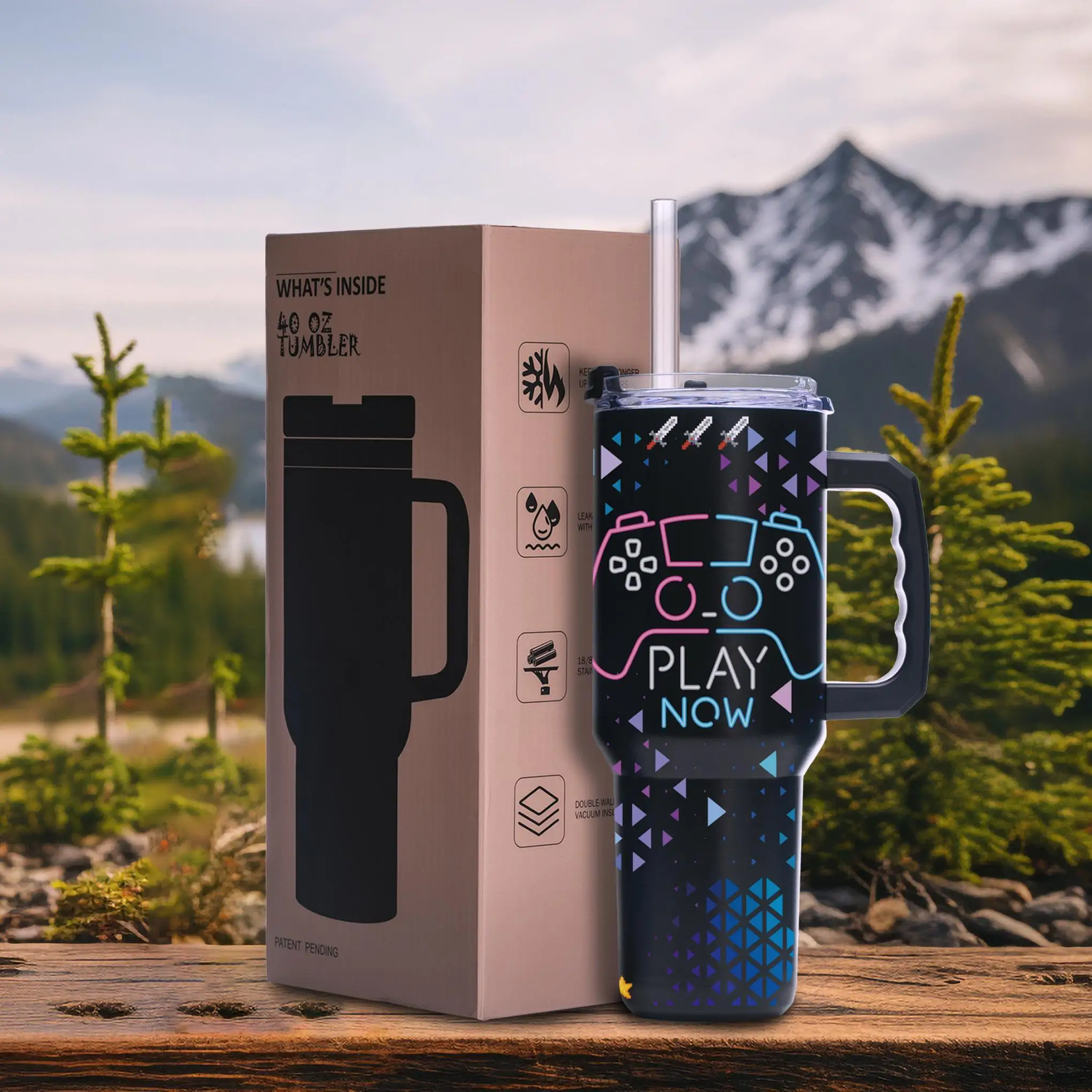 

Game On 40oz Vacuum Tumbler – Stainless Steel, Double Wall, BPA-Free, Wide Mouth, With Handle, Gamer Gift Cup