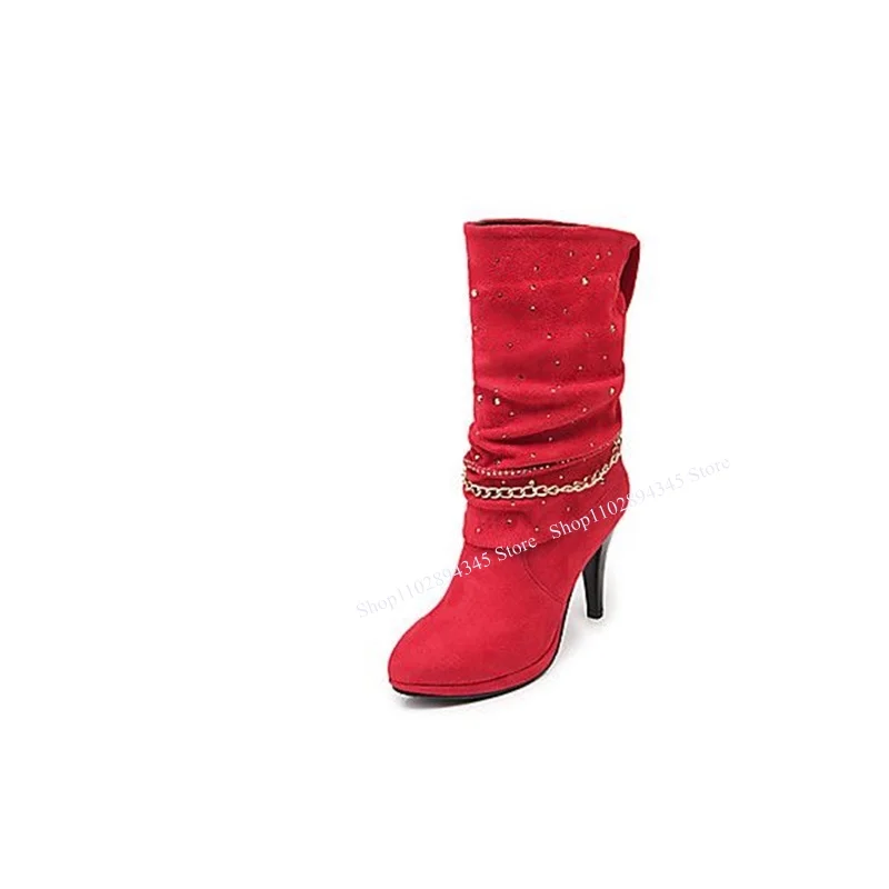 Red Chain Buckle Knee High Rivet Boots Thin High Heel Platform Fashionable Sexy Western Winter Woman Shoes Zapatillas Mujer