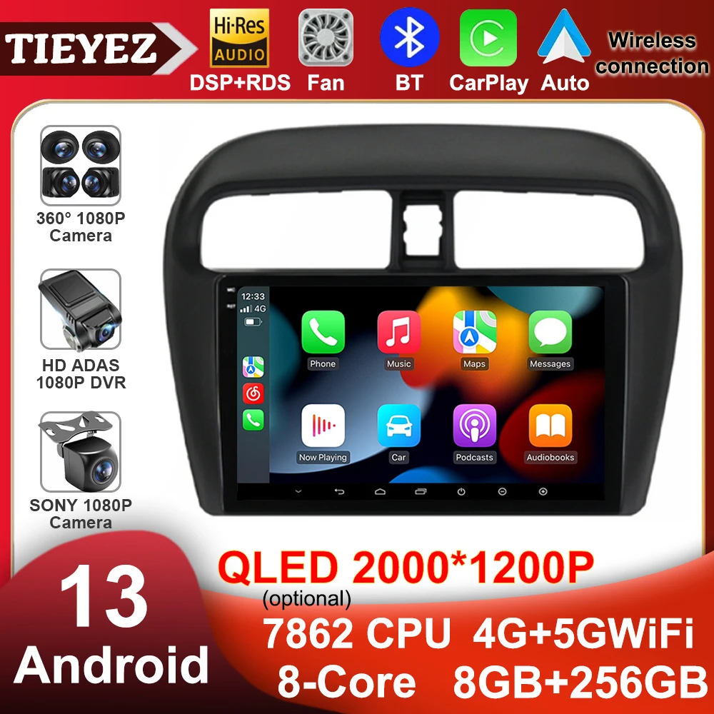 9 "QLED Touchscreen Android 13 autoradio per Mitsubishi Mirage Attrage 2012 2018 2019 lettore multimediale Stereo di navigazione GPS