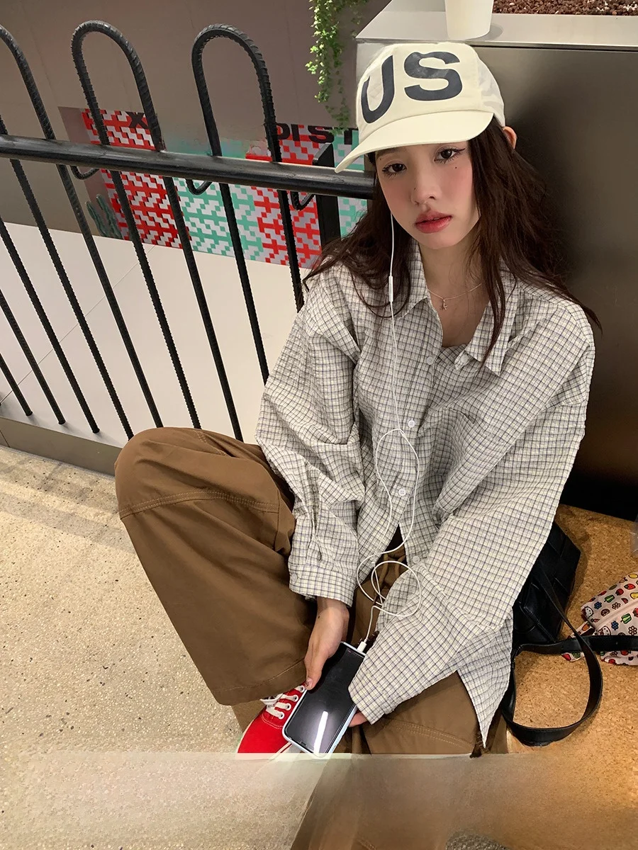 

Sinbounboun Japanese Sle Plaid Long Sve Casual Loose Women's irt Breathable Cotton Polyester Spring Summer Faion
