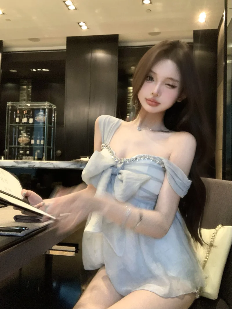 

Blue Diamond Knot Strap Shirt Women's Summer Slimming Short Chiffon Blouse Commute Style Korean Version No Sleeve