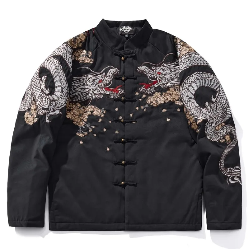 2024 Autumn New Dragon Year Buckle Machine Embroidery Coat Jacket Men's Top Black Jacket Cartoon Embroidery Retro Cool Jaquetas