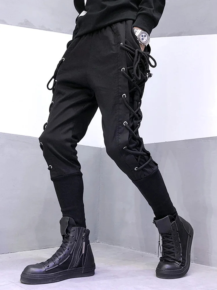 ARENS Techwear Men's Male Fashion Black Original Design Personality Dark Drawstring Webbing Decoration Slim Feet Harem Pants