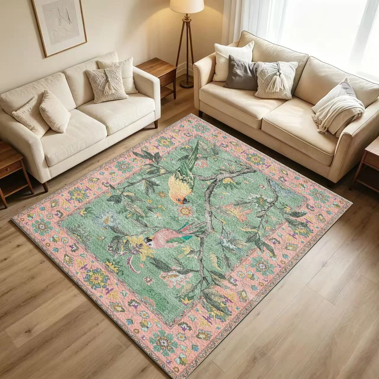 Vintage Parrot Bird Floral Pattern Carpet Non-Slip Washable Floor Rug Suitable for Living Room Bedroom Boho Home Decor