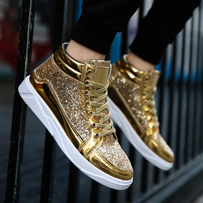 Men's Metallic Gold High Top Leather Boots Retro Shiny Party Nightclub Ankle Boots Vintage Style Comfortable Lace-Up Sneakers