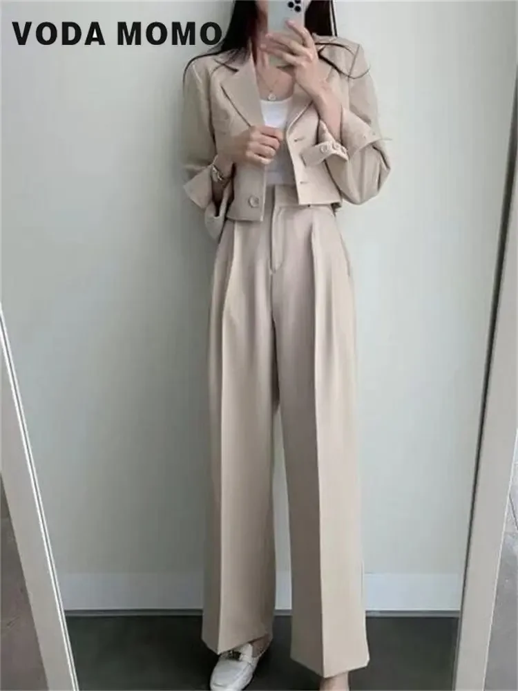 Spring Korean Casual Elegant Suits Blazer Jacket Wide Leg Trousers High Waist Pants Suits Female 2 Piece Sets Crop Top Coats