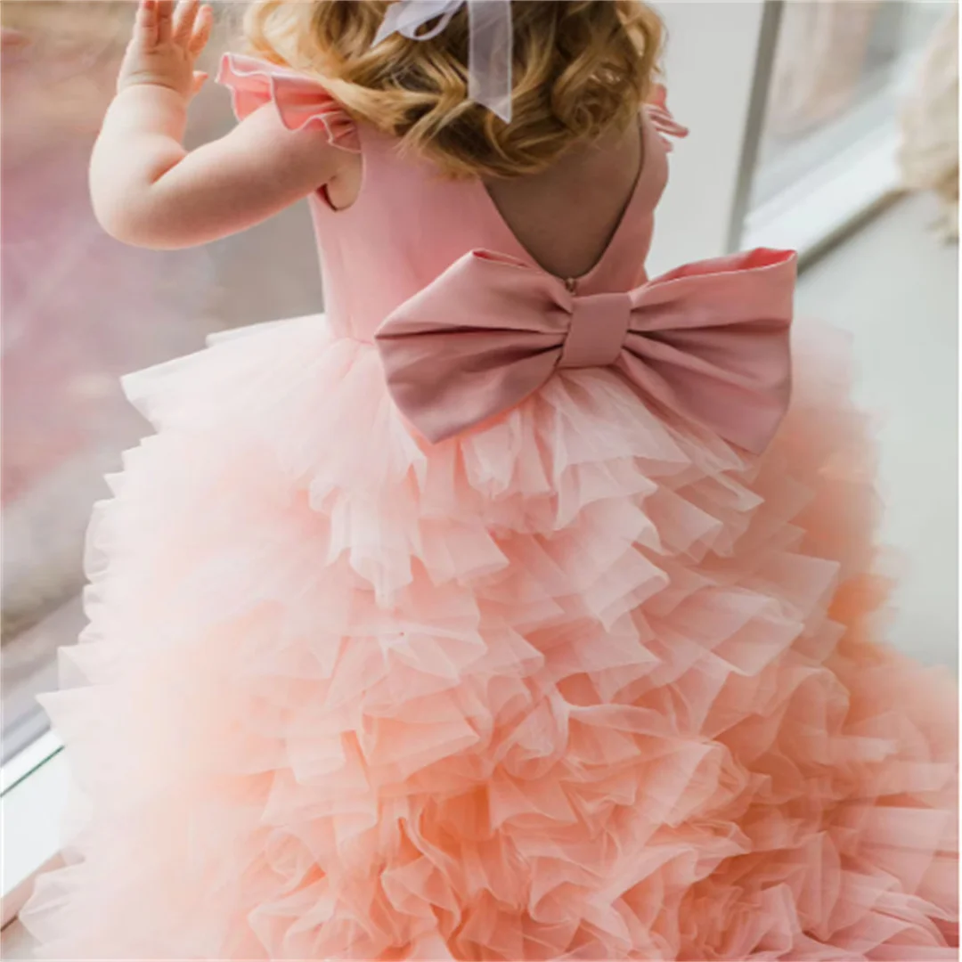 Tulle Tiered Pageant Dress With Train Toddlers Open Back Flower Girl Dresses Infant Kids Satin Bow Communion Party