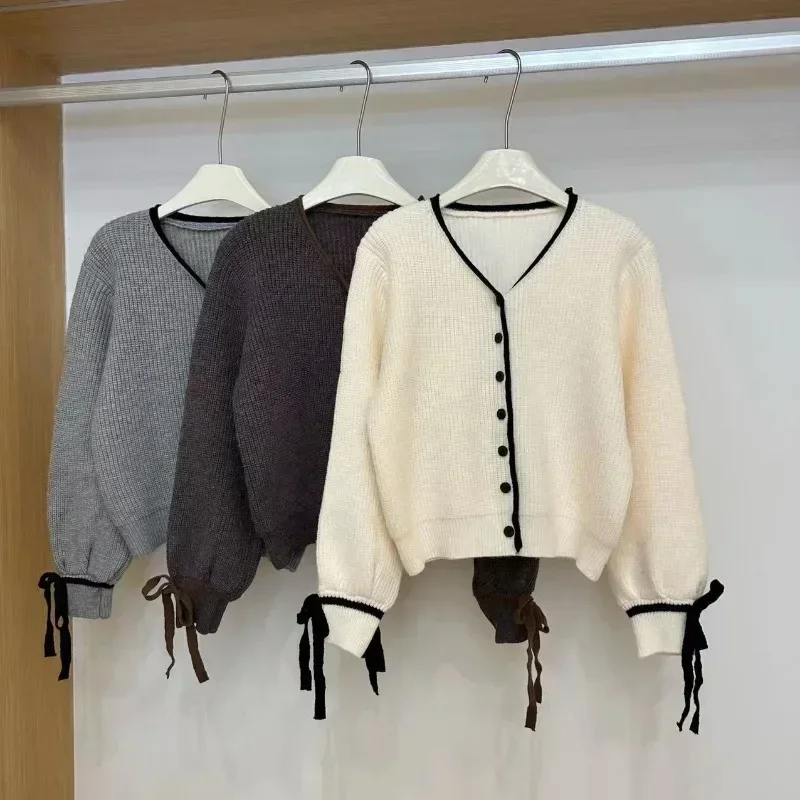French Style Cardigan Sweet Bow Knitted Sweater Coat Knitwear Casual Simple Solid Women Clothes 2024 Autumn Winter Warm Tops