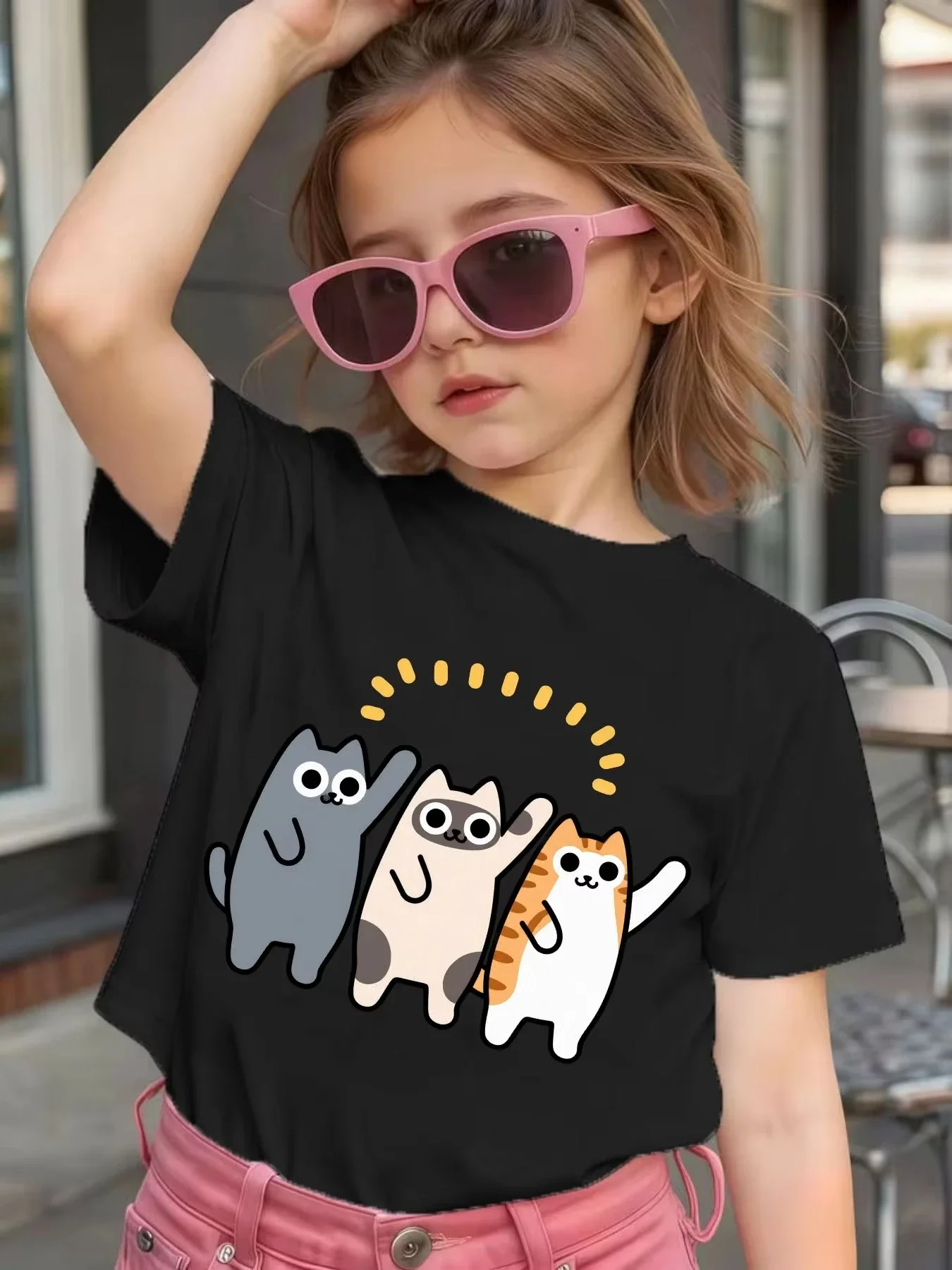 Kids O Neck Short Sleeve Tee Lovely Cartoon Kittens Wave Hand Print Casual Daily Summer Outfit For Boys Girls