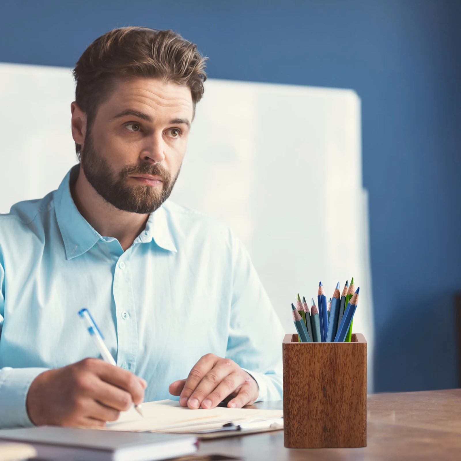 

Desk Pen Holder Wooden Makeup Organizer Cup for Brushes Pencils Highlighters Scissors Storage Vanity Accessory