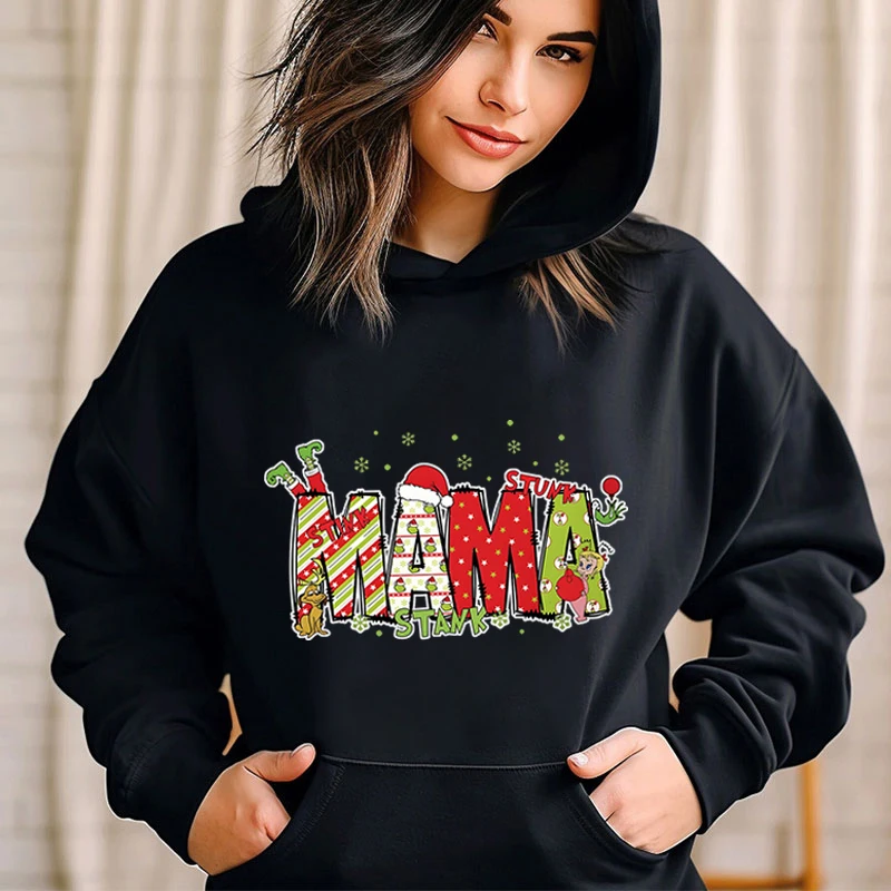 Christmas Mama Cartoon Pullover Hoodie Merry Christmas Gift for Mom Retro Santa Print Christmas Mama Holiday Classic Sweatshirts