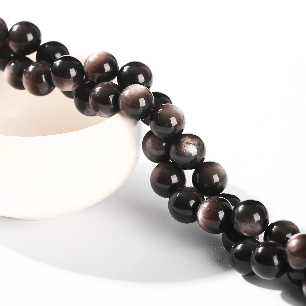 Wholesale Natural Stone Silver Color Obsidian Bead Round Spacer Beads For Jewelry Making DIY Bracelet Necklace Accessory 15“