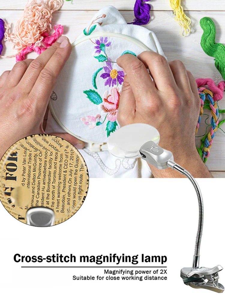 مصباح زجاجي مكبر لكبار السن، مصباح مكتبي مطرز بغرز متقاطعة مع ملحقات غرز متقاطعة