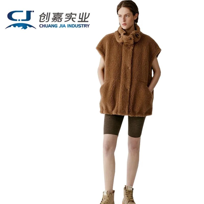 Double sided Camel Wool Women's Coat Autumn and Winter Brown Wool High Neck Vest Outdoor Travel Leisure Youth Fashion Trend