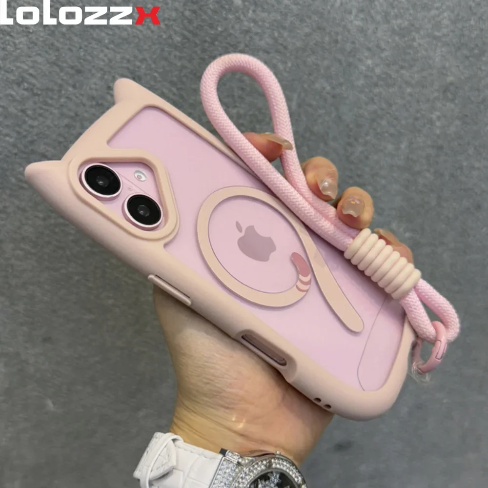 Funda Magsafe con orejas de gato para iPhone 17 Pro Max 17 Air 13 14 15 16 Pro Max, correa para muñeca, cordón, cubierta magnética transparente para armadura de PC