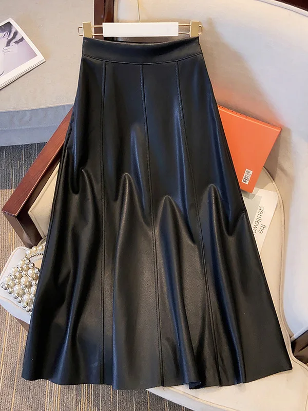 Retro PU Leather Half Skirt with Draping High Waist Hepburn Style Women's Autumn Winter Mid-Length Slim A-Line Skirt