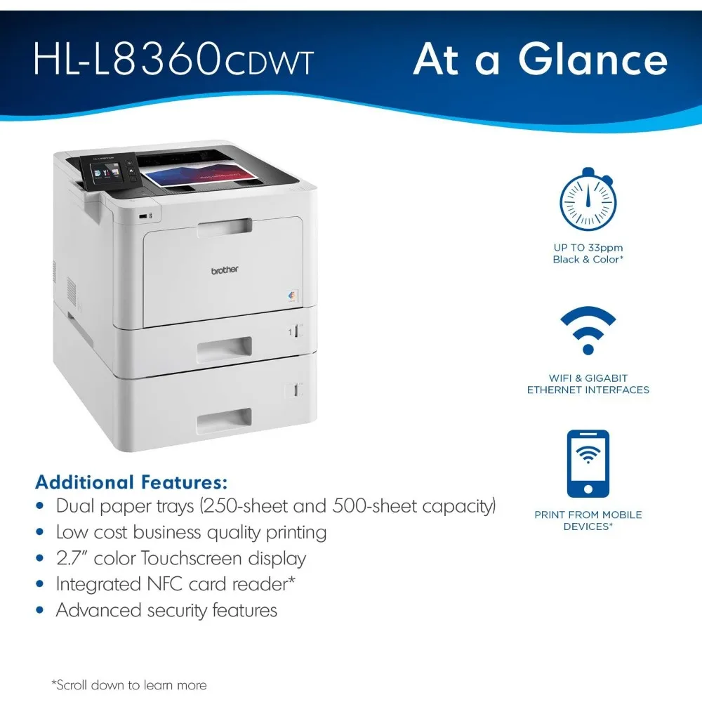 Printer HLL8360CDWT Business Color Laser Printer with Duplex Printing, Wireless Networking and Dual Trays