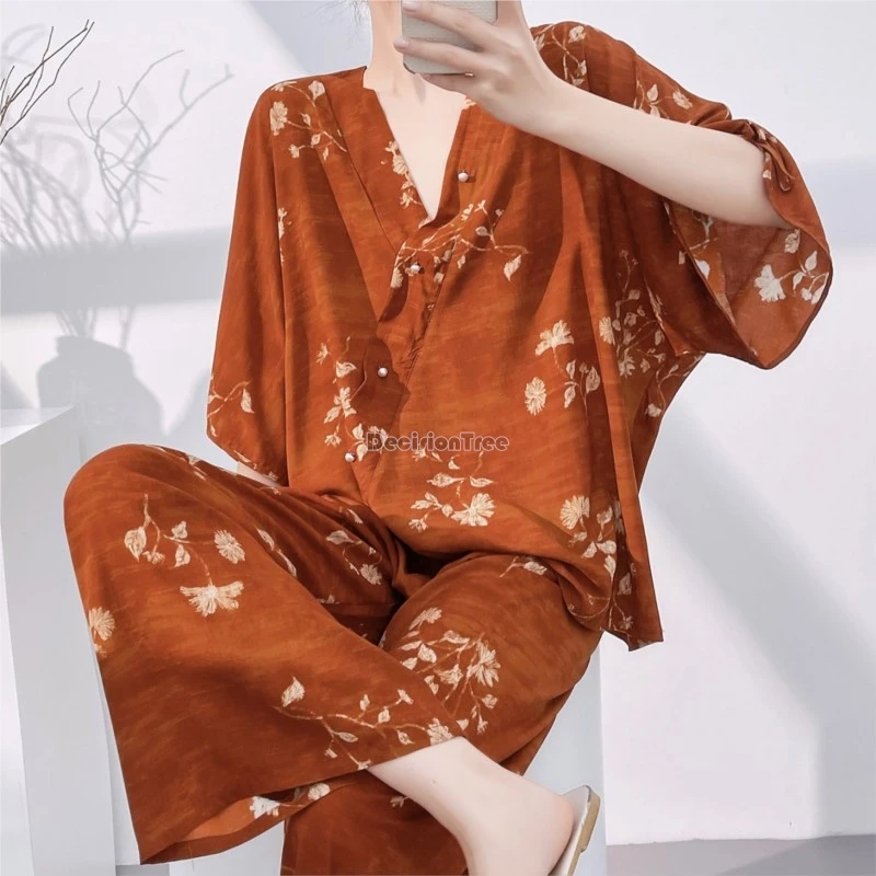 2026 new chinese women's spring/autumn sleepwear female breathable V-neck loose thin pajamas female printed top pants 2-piece
