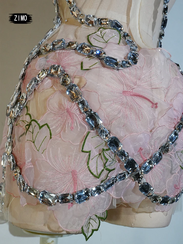 Glänzendes Strass-Bar-Kleid, kurzer Rock, rosa, sexy Kleid, Neckholder, Feiern, Leistung, Party, Geburtstag, Sängerin, Tanz, GO Drag Queen