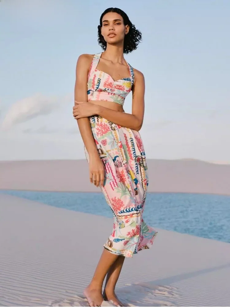 

Новинка лета 2024, женская юбка-плащ с принтом в стиле пэчворк, топ свободного кроя из шифоновой ткани без свера, защита от ультрафиолета