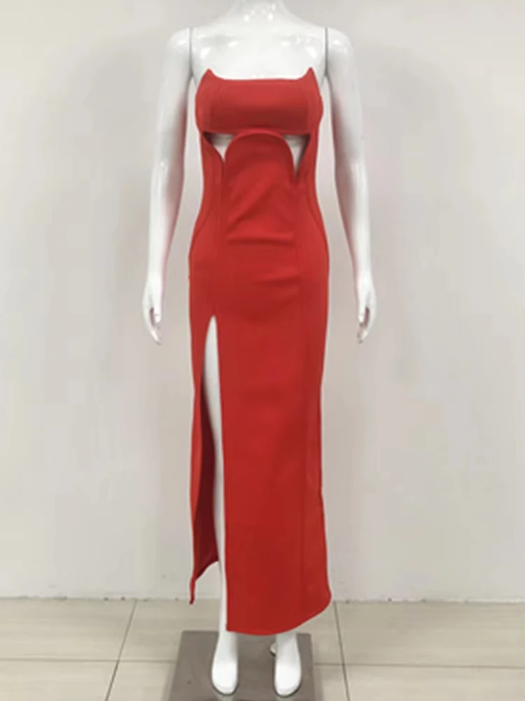 Mulheres sexy sem alças sem costas cortar vermelho maxi longo bodycon bandage vestido 2024 elegante noite clube vestido de festa de aniversário