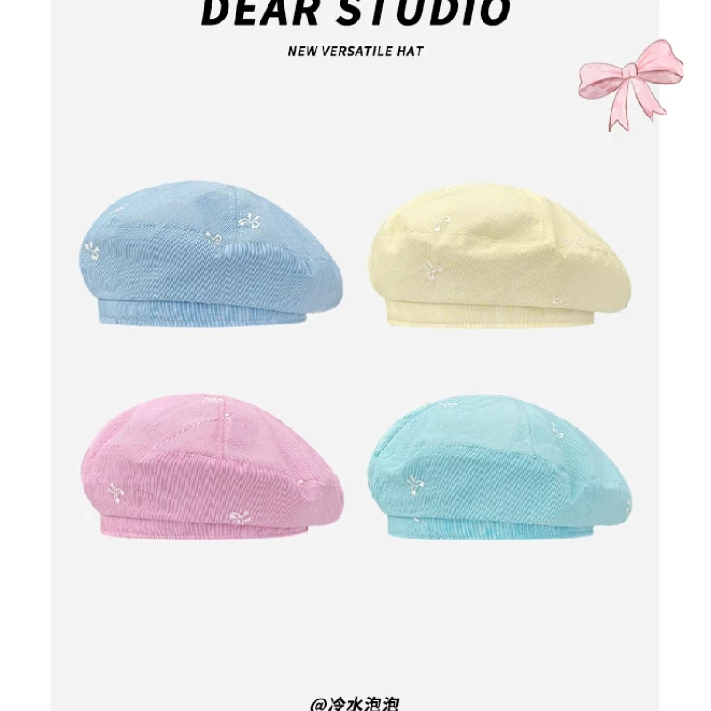 

Японские береты с вышивкой и милым бантом Y2K, весенне-летние тонкие дышащие универсальные милые шапки художника для женщин