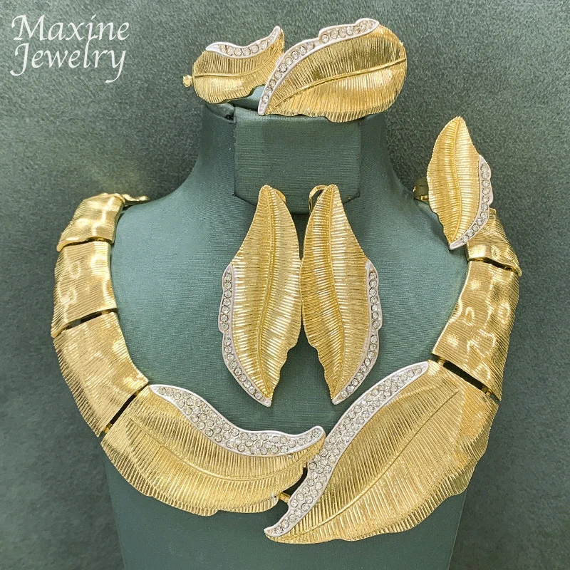 

Rhinestone Leaf Shaped Gold Plated Jewelry Set Women Collar Necklace Earring Bracelet Ring African Bridal Wedding Party Gifts