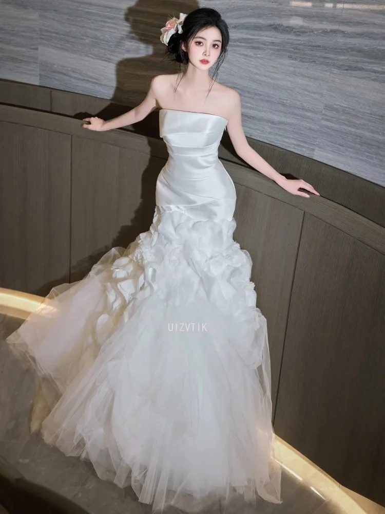 Luxury Strapless Mermaid Korea Wedding Dresses Women Modern Satin Tulle Long Elegant Bridal Gowns Customized 결혼식 드레 Photo Shoot
