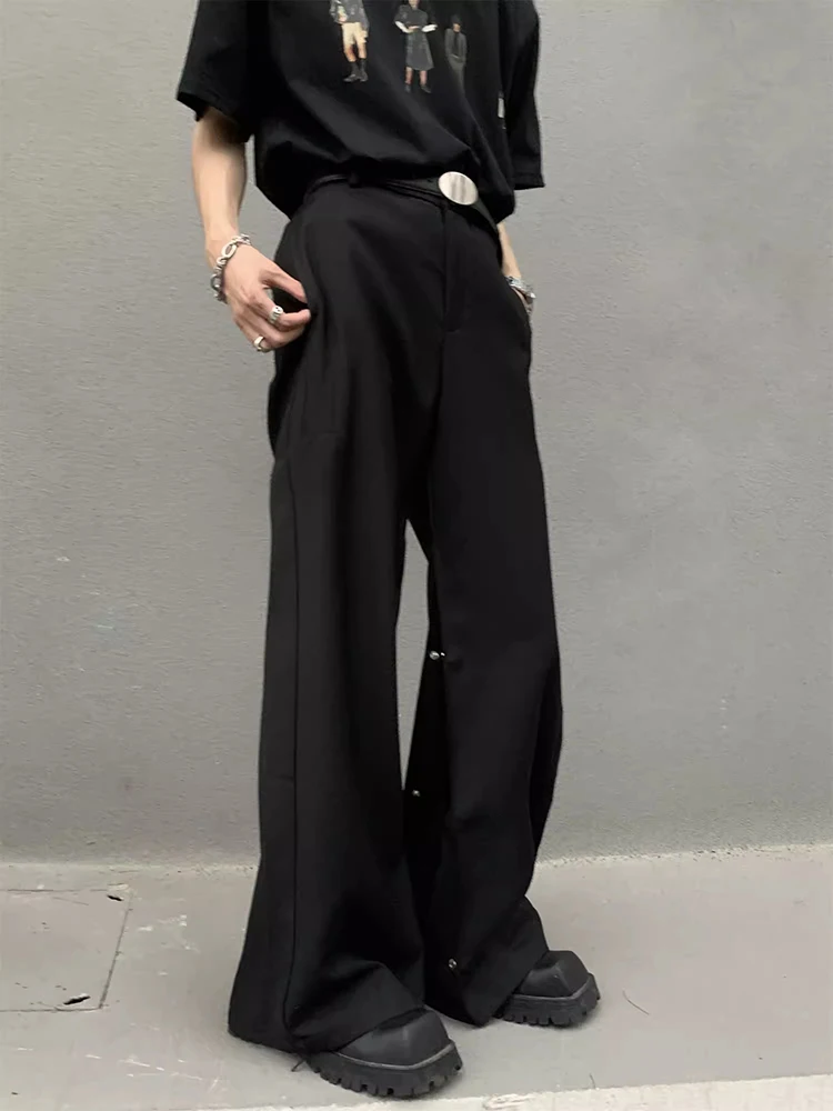 REDDACHIC Button Deconstructed Suit Trousers Men Vintage Black Solid Loose Casual Straight Wide Leg Pants All Purpose Work Wear