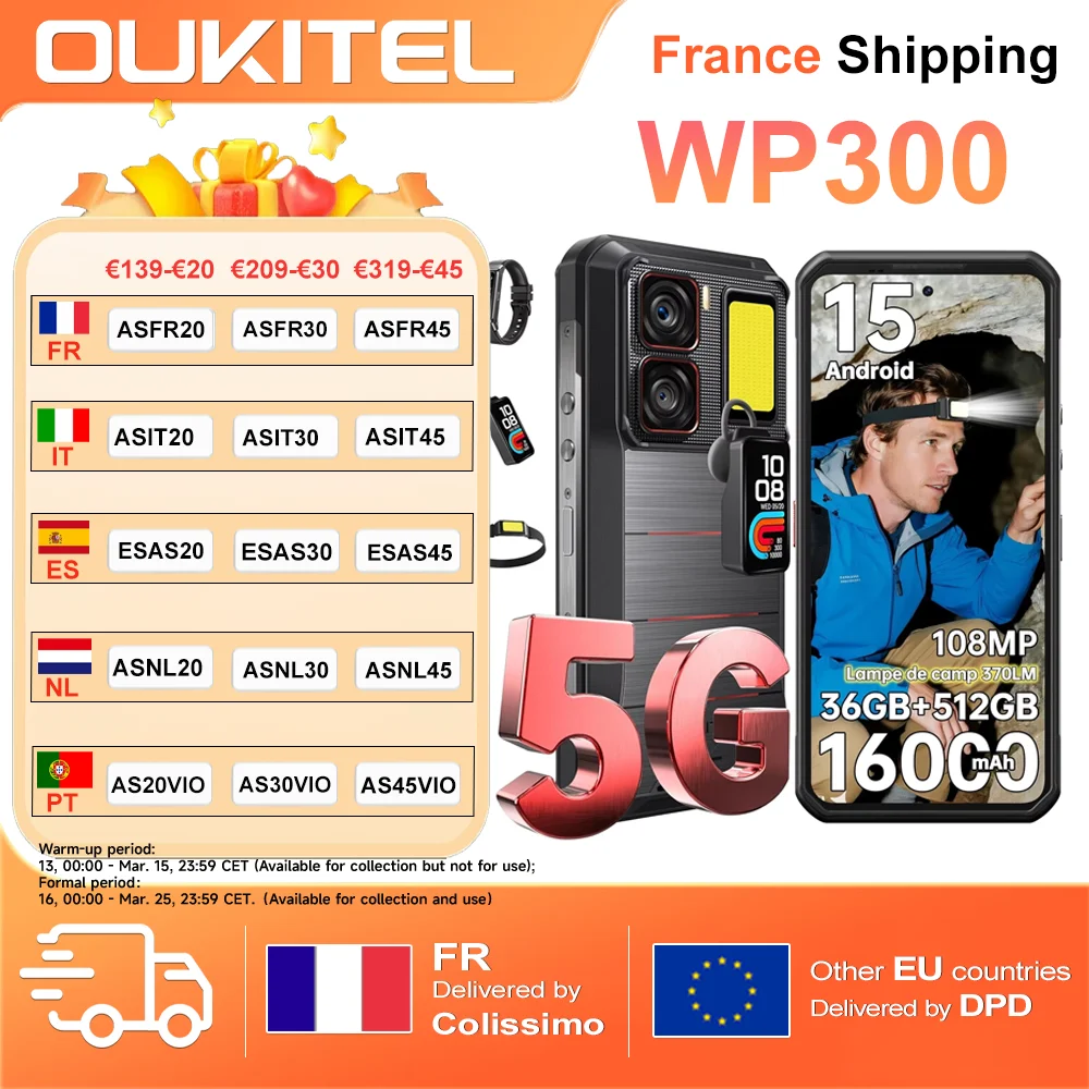Smartphone OUKITEL WP300 5G 36(12+24)GB+512GB Android 15, écran 6,8" FHD+ 120Hz, 108MP, 16000mAh, 45W, lampe de camping