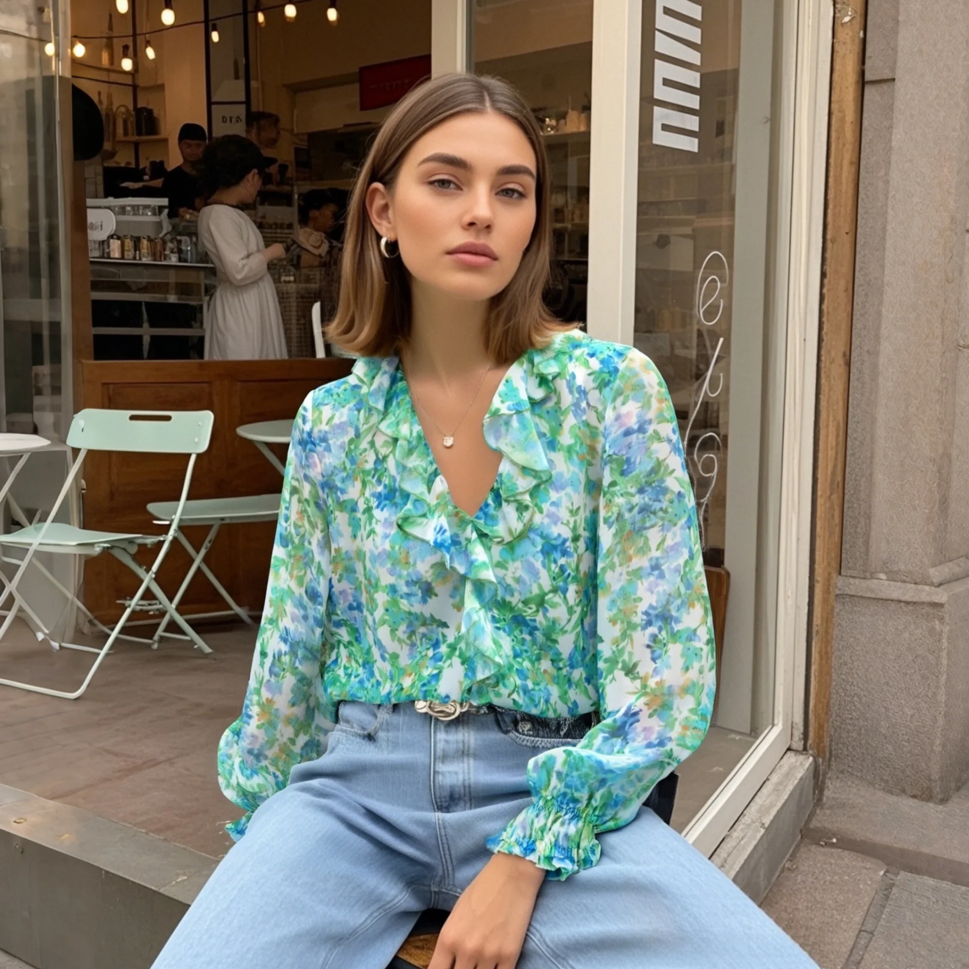 

2025 New Arrival Women's Long Sleeve Blouse with Ruffled V Neck and All - over Small Floral Pattern and Puffed Cuffs
