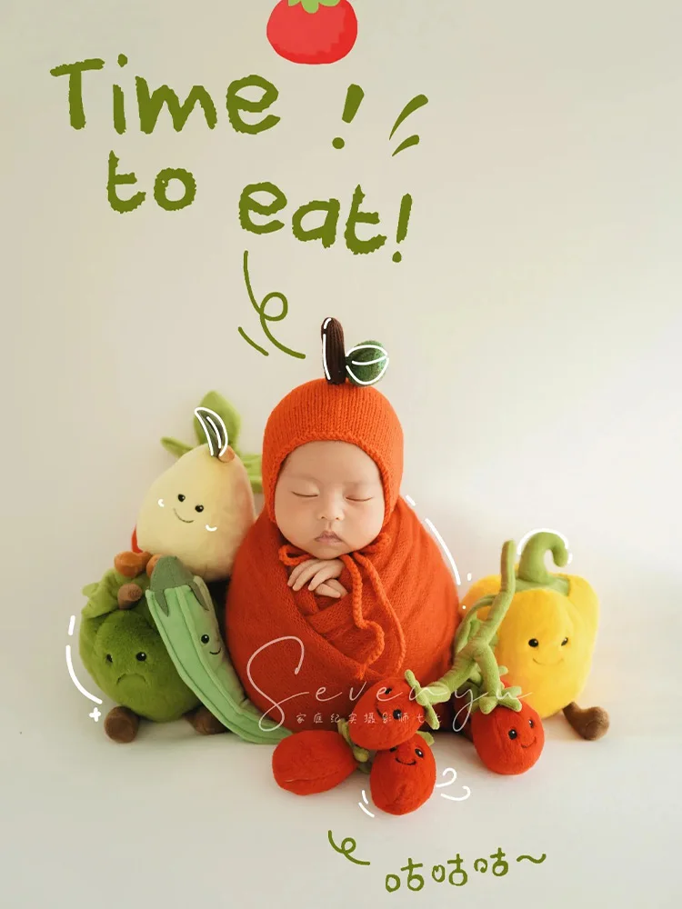 Cute Fruit Vegetable Themed Newborn Photography Props Baby Knit Wrap+hat Plush Prop for Studio Creative Theme Photo Accessories