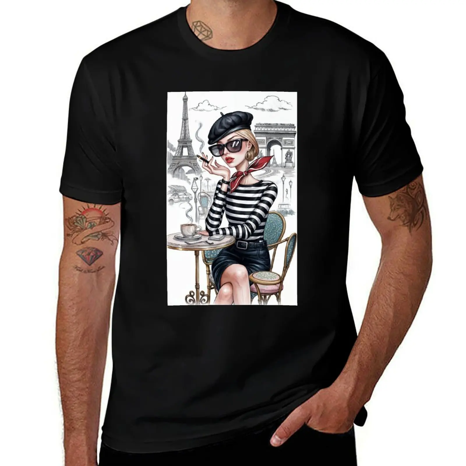 

Parisian Elegance: French Model Drinking Coffee T-Shirt kawaii clothes anime figures cotton graphic tees t shirt men