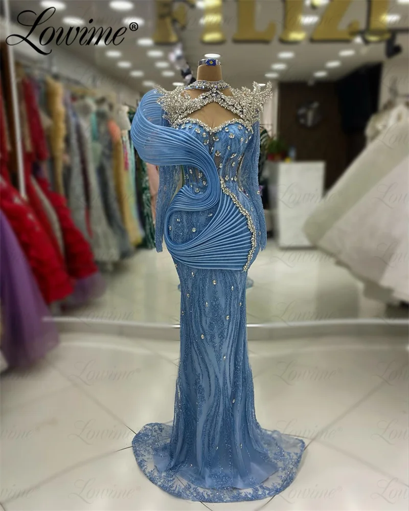 Crystals Blue Prom Dress Aso Ebi Party Second Reception Dresses Customized Evening Gowns Women Long Sleeves Engagement Dresses