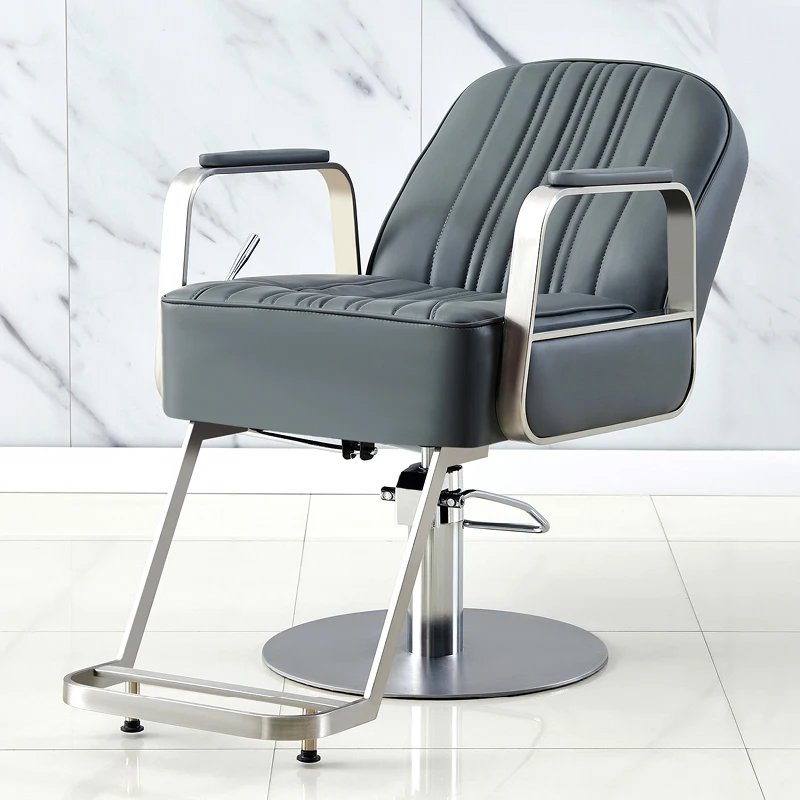 Stainless Steel Material Barber Chair Modern Simple Style Recliner Hair Salon Lift Chair Leather Seat Cushion Back Armchair