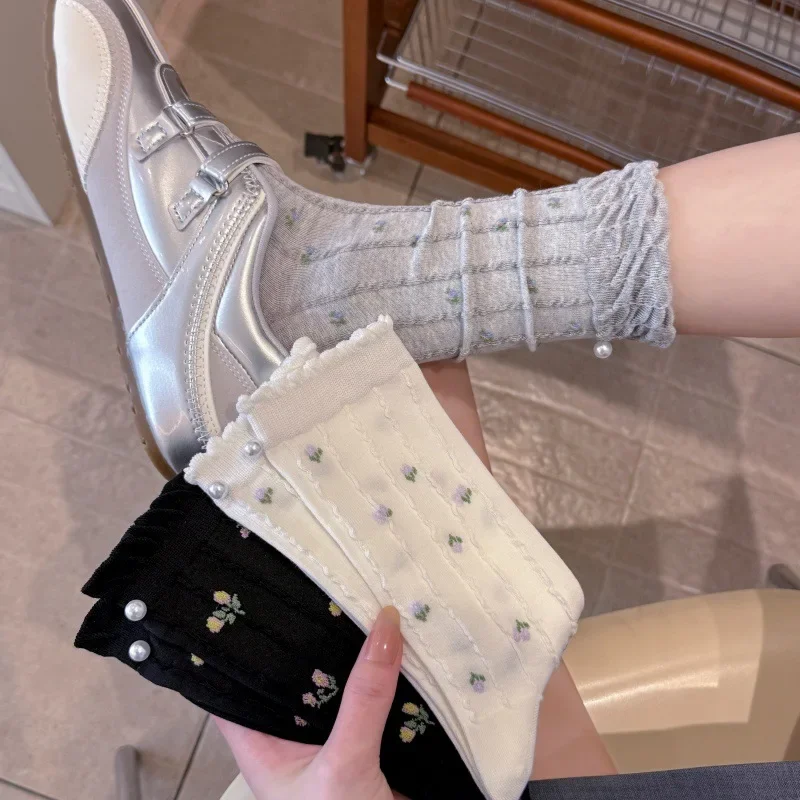 

Women's Floral Ruffle Mid-Calf Socks Cotton Pearl Decor Crew Socks Cute Aesthetic Casual Socks for Daily Wear All Seasons