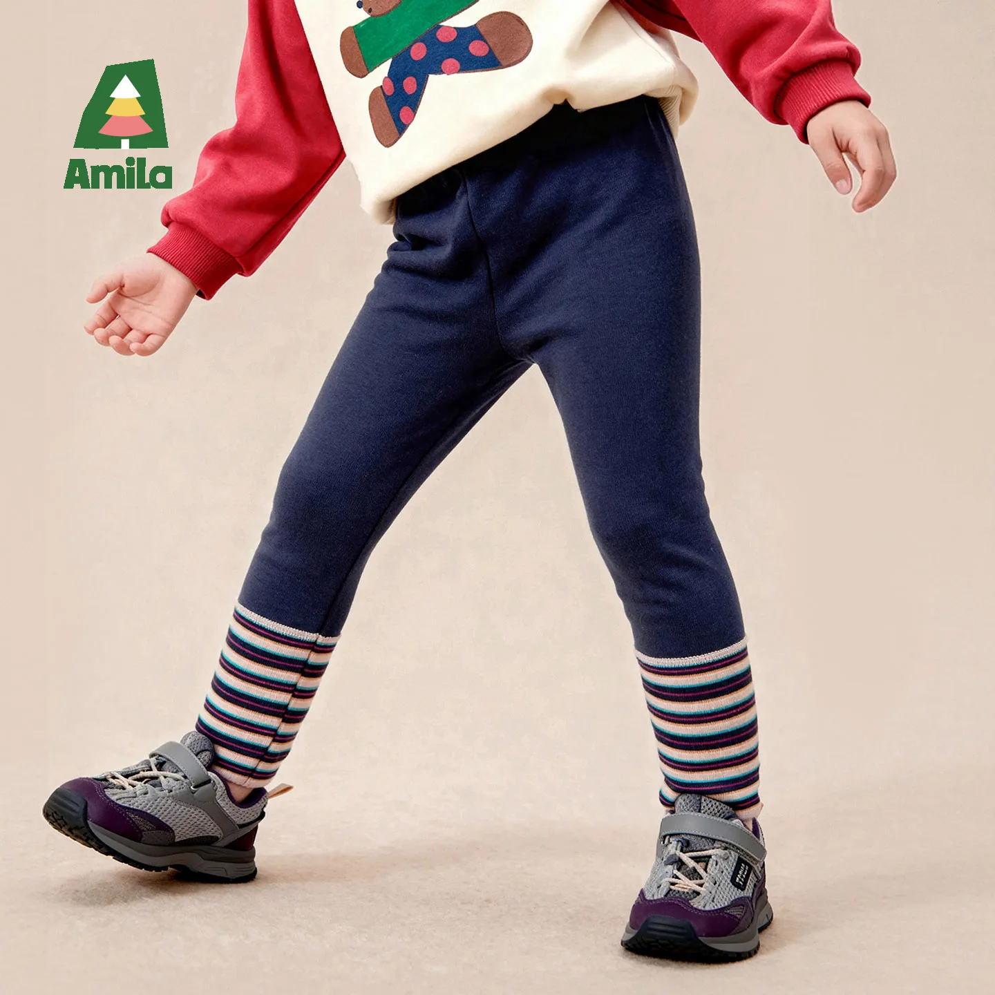 Amila 2026 Autumn New Kids Leggings Color Block Stripe Ribbed Simple High Elastic Waist Comfortable Long Pants