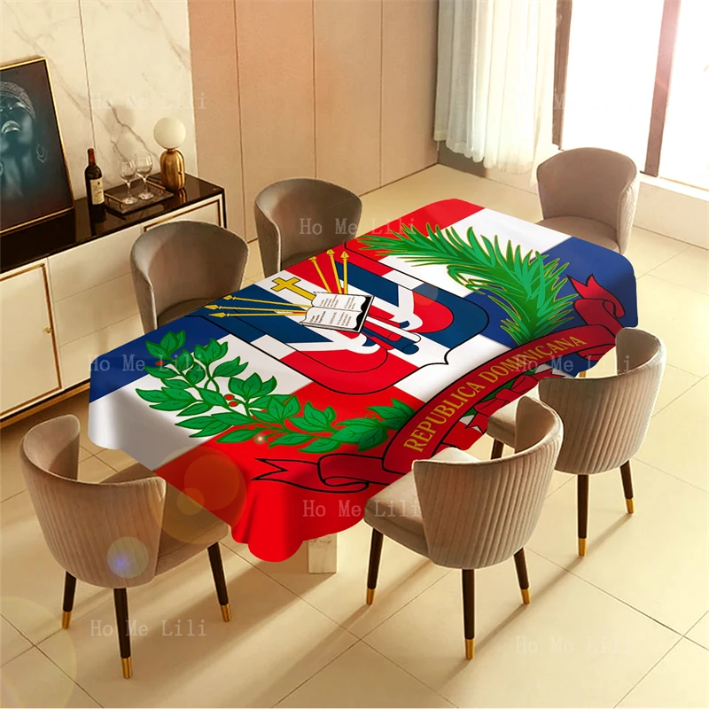 Coat Of Arms The Dominican Republic Red Blue White And Green Collage Color Background Tablecloth By Ho Me Lili