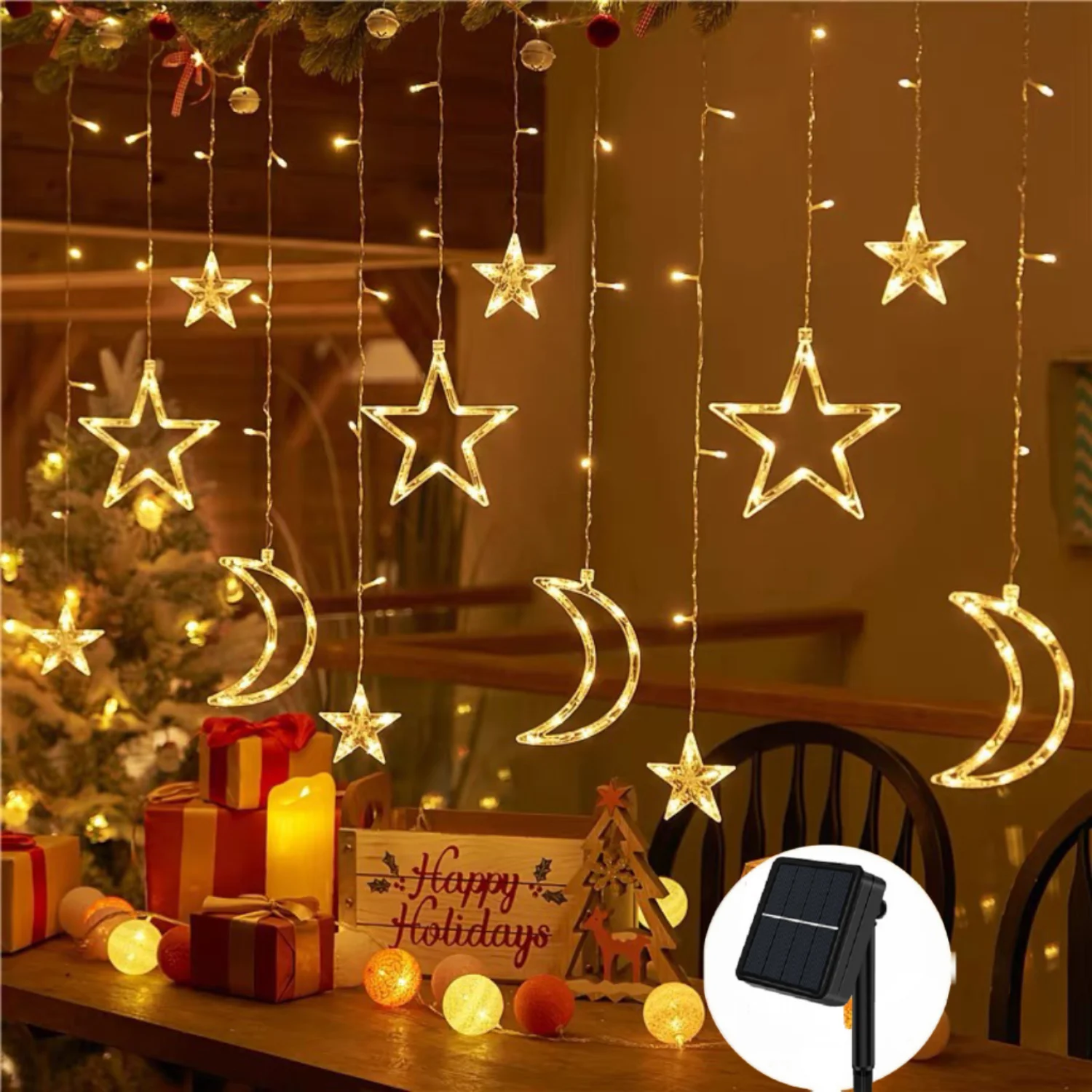 3.5M Solar Battery Powered Star Moon LED Curtain String Light 8 Mode Hanging Indoor Atmosphere Lamp for Xmas Party Ramadan Decor