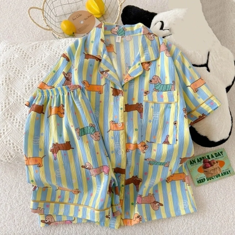 

Cute Short Sleeve Cartoon Pajamas Set Dog Cat Animal Women Sleepwear Loose Kitten Two Piece Nightwears Girl Gifts