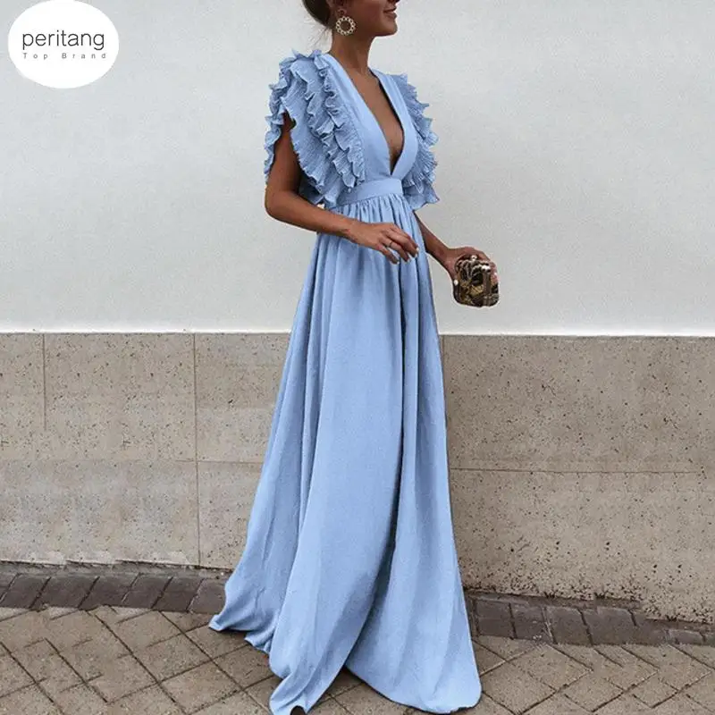 

Women Floor Length Solid Color Party Dress Female Summer Autumn V Neck Short Sleeve Maxi Long Elegant Sexy Dresses Female