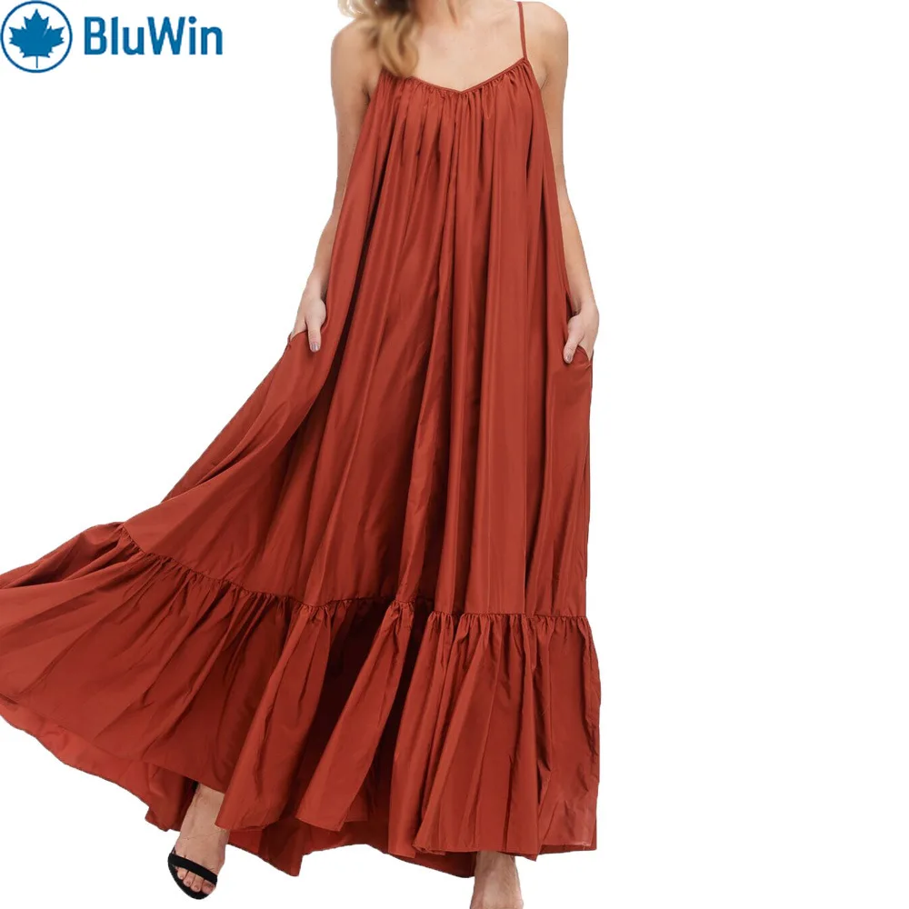 BluWin 7Colors Slip Maxi Dress Women Spaghetti Strap Ruffle Hem Front Slit Flowy Red Beach Vacation Party 