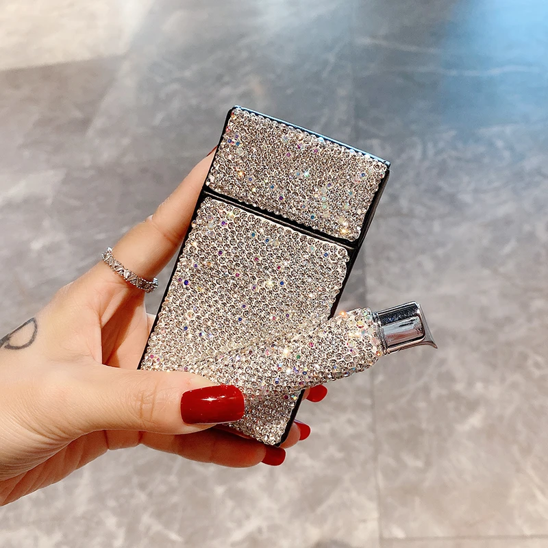 Diamond Cigarette Case with Lighter Leather 20 Thin Cigarettes Gas Filling  Lighter for Smoking Moisture-proof High-end for Women