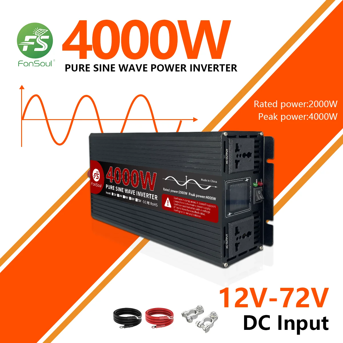 FonSoul 4000W Peak Pure Sine Wave Inverter 2000W Rated, 12V DC to 110/220V AC, 90% Efficiency, Smart LCD,  for RV, Camping