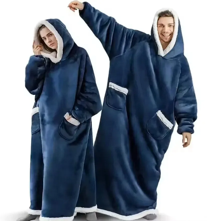 180cm Super Long Flannel Blanket Hoodie with Sleeves Winter Fleece Oversized Sweatshirt for Women Men Giant Loungewear