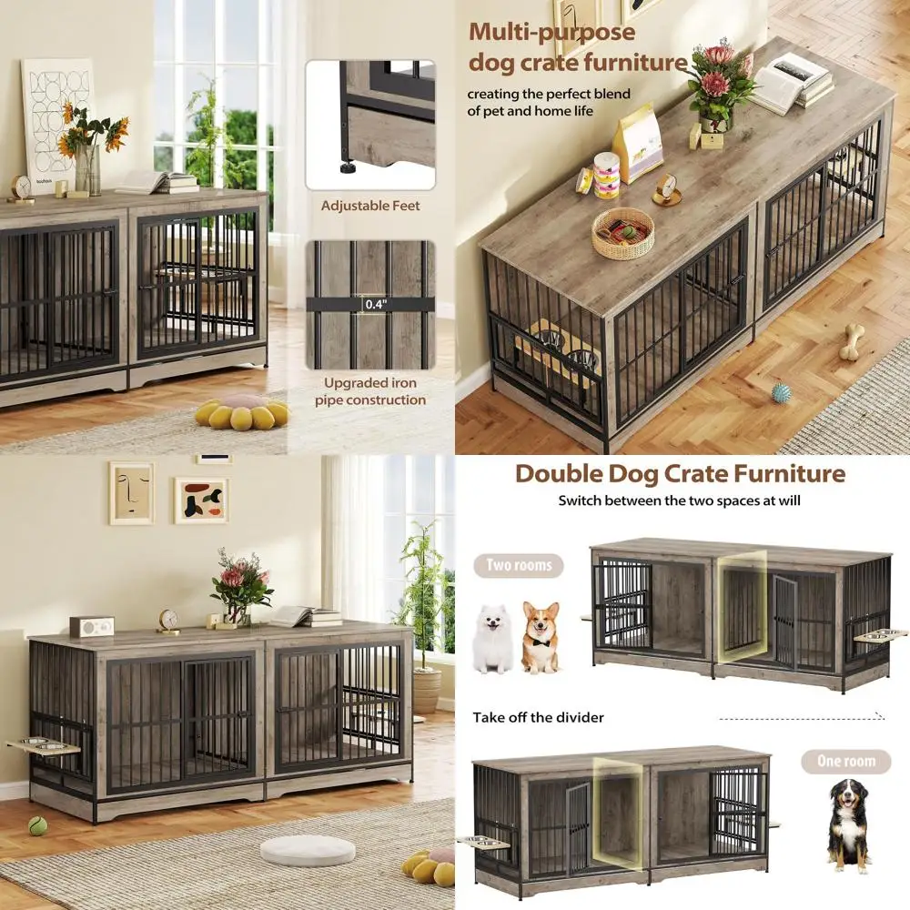 

Double-Decker Wooden Dog Crates for 2 Large Breeds, Grey, with Built-in Bowls and TV Stand