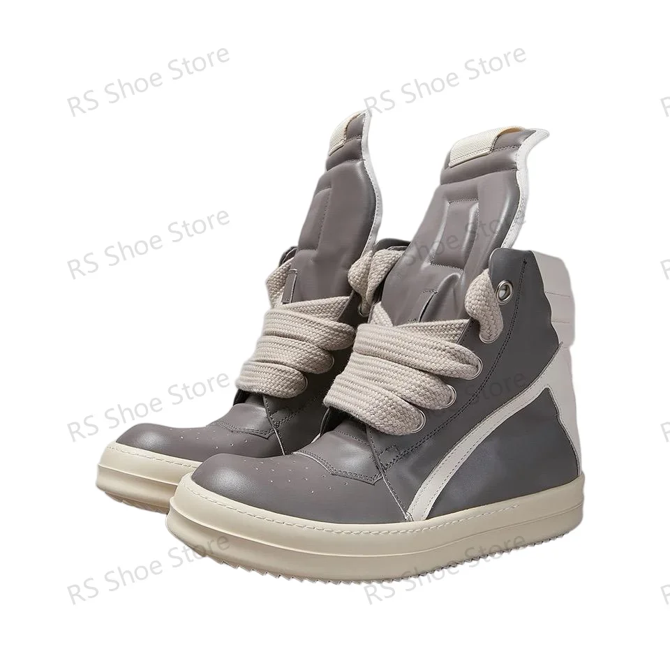 

Ro Men Shoe Grey Leather Boots Outoor High Top Casual Shoes Jumbo Laces Sneaker Zipper Women Sneakers Suede Ankle Boot
