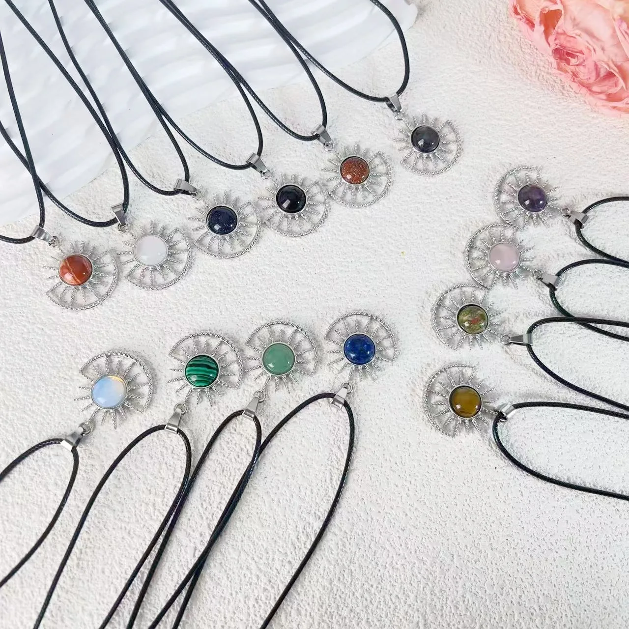 

Evil Eye Sun Natural Stone Pendants, Vintage Healing Crystal Necklaces for Women