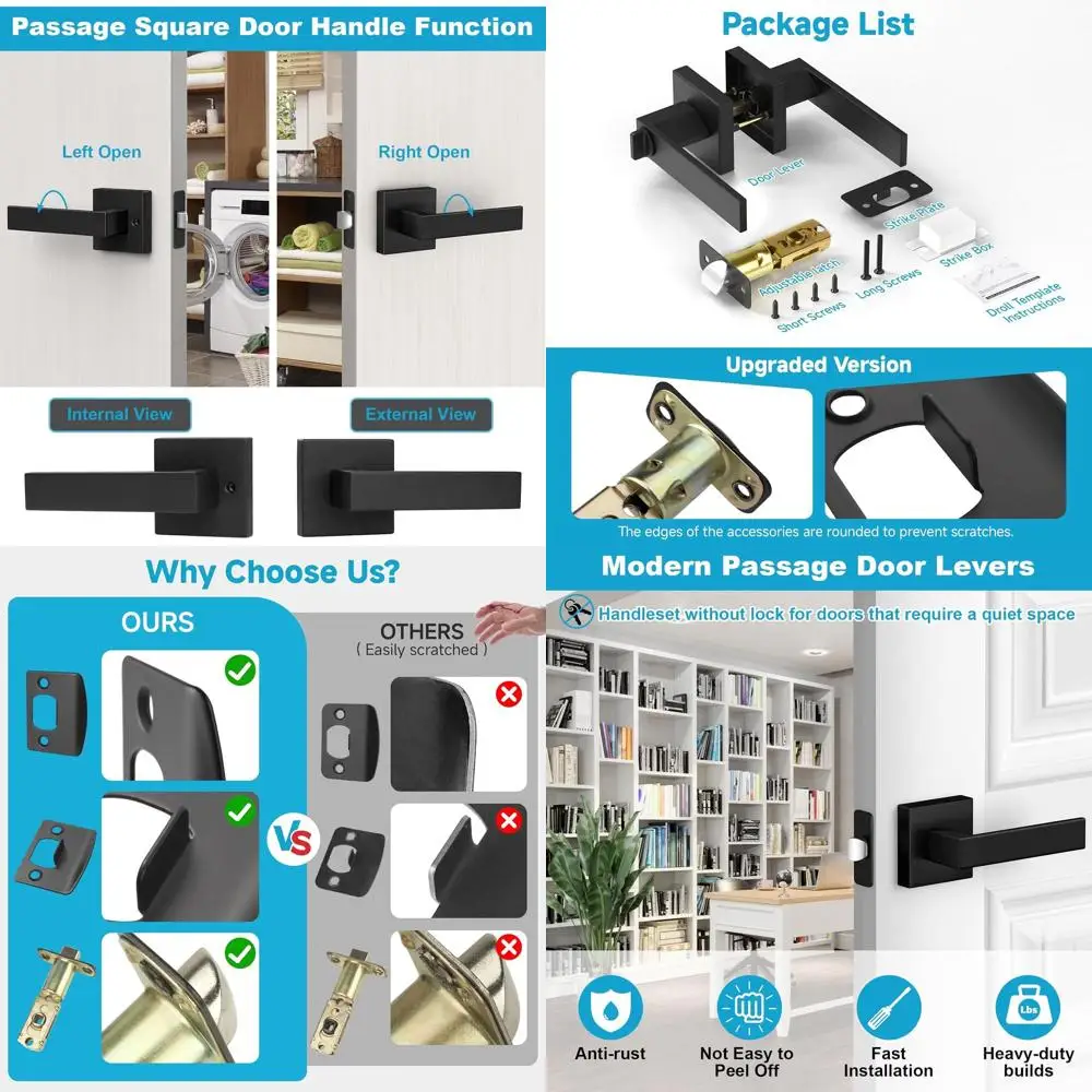 

Матовый черный комплект из 6 внутренних квадратных дверных рычагов, сверхмощный, неблокирующийся, двусторонний для правой или левой двери