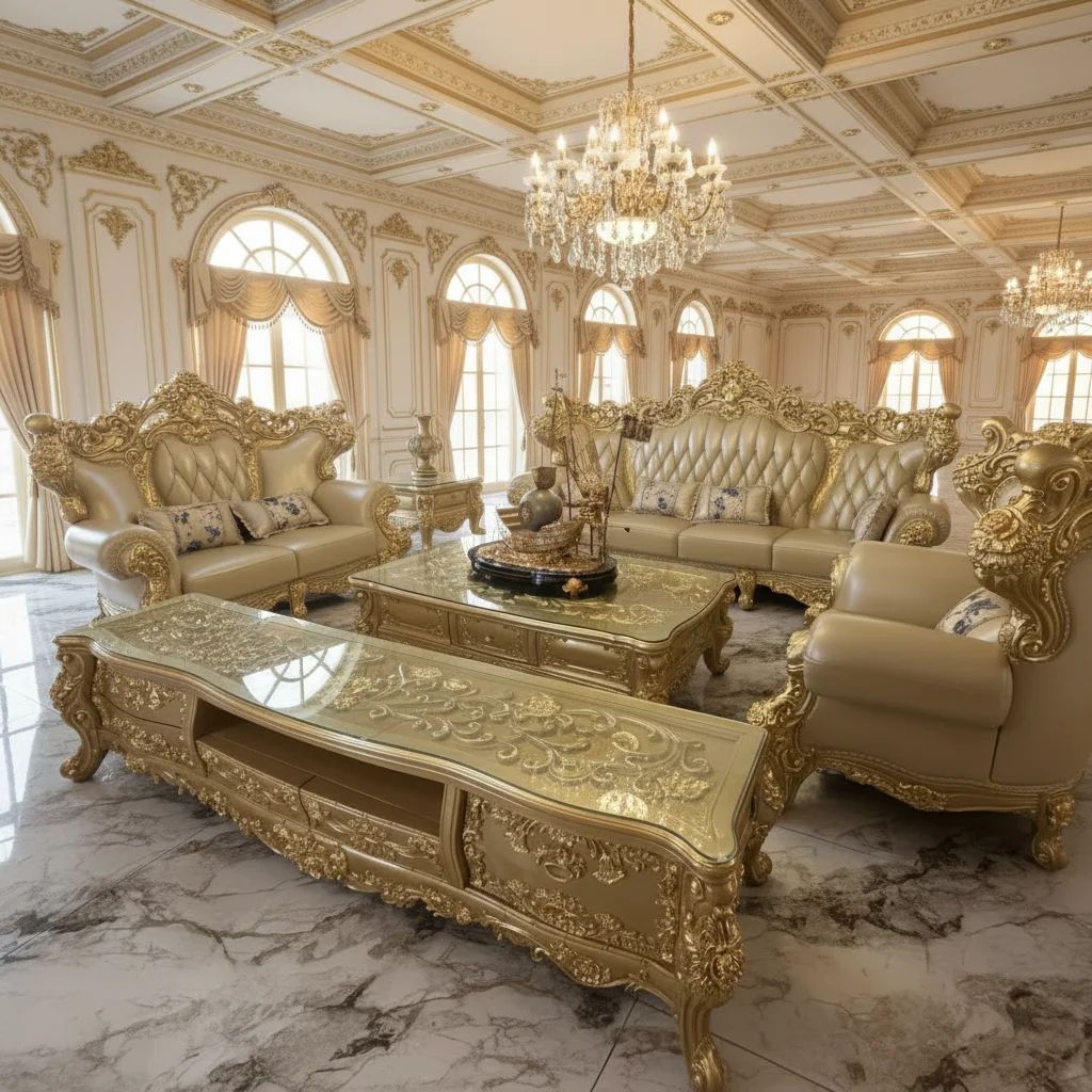 gj-European Style Genuine Cowhide Sofa Noble Gold Solid Wood High-end Luxury Living Room Furniture for Apartment and Villa#
